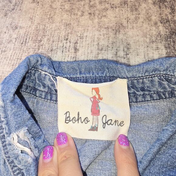 Boho Jane Denim Shirt Womens Large Blue Distressed Blame My Gypsy Soul Patch - Picture 5 of 10